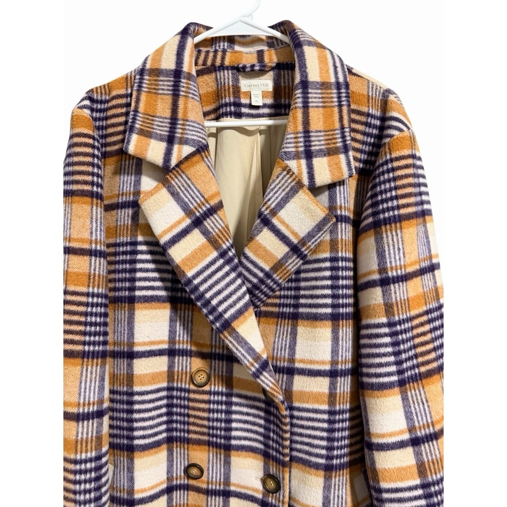 Garnet Hill Plaid Wool Coat‎ Purple/Tan Women's Size XL - Picture 3 of 12